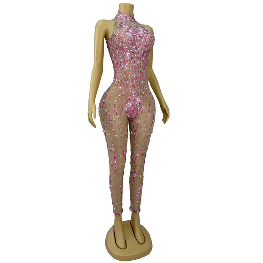 Shining Pink Rhinestones Jumpsuits Singer Dancer Performance Party Celebrate Show Wear Sexy Transparent Costume