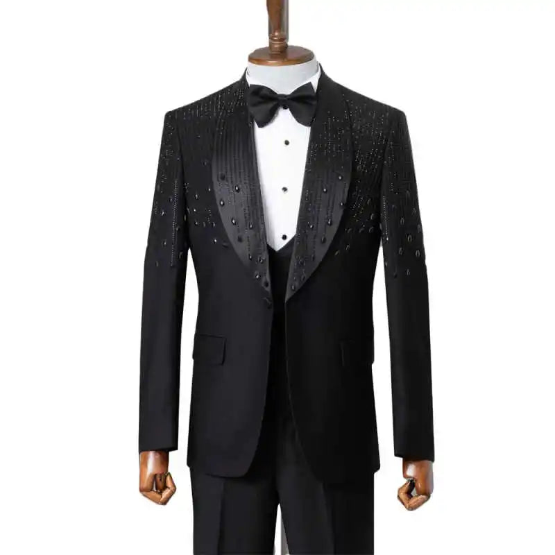 Formal Beaded Wedding Tuxedos 3 Piece Set Jacket Vest Pants Single Breasted Men Suit Trim Fit Fashion Groom Blazers Customized
