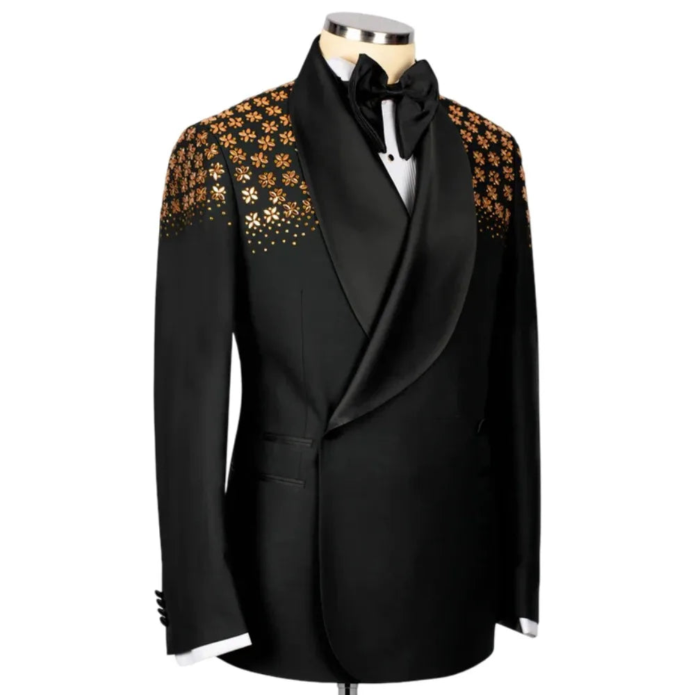 Fashion Men's Suits 2 Pieces Crystals Double Breasted Satin Wedding Prom Blazer Tuxedo Custom Made Costume Homme