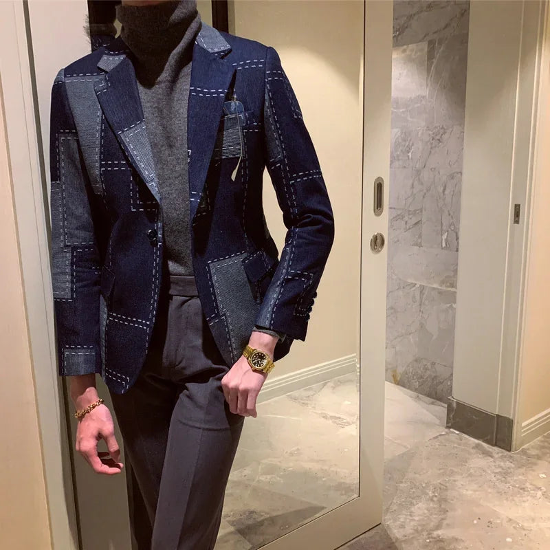 Traje informal vintage de dos piezas con estampado geométrico de patchwork para hombre, chaqueta a cuadros de primavera, blazer elegante para hombre 