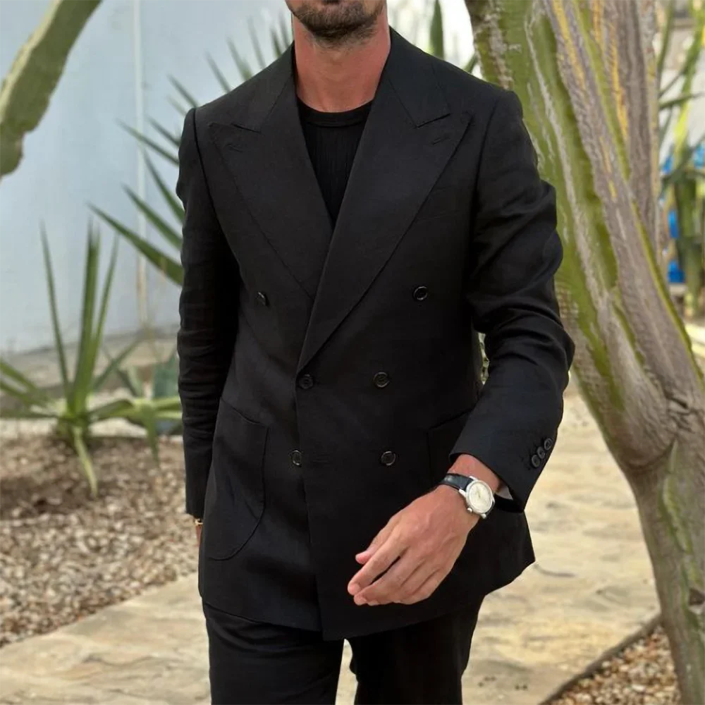 Costume croisé noir à revers pointus pour hommes, coupe ajustée, mode formelle, chic, décontracté, 2 pièces, costume de smoking pour bal de promo, fête, mariage