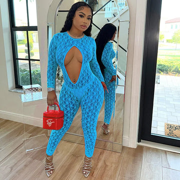 Lace See Through Hollow Out Women Jumpsuits Spring Sexy Hot Hollow Backless Full Sleeve Overalls Club Attractive Wear