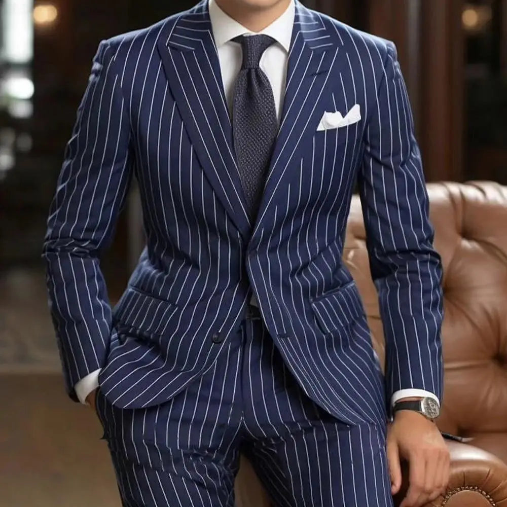 Costume à rayures bleu marine pour homme, blazer formel, coupe slim, smoking de mariage, ensemble 2 pièces avec veste et pantalon