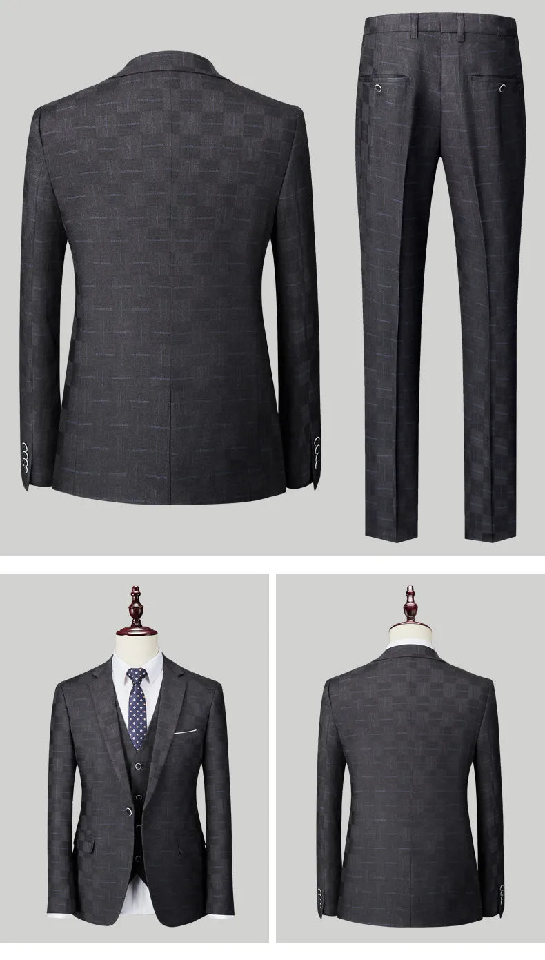 Plaid Men's Suit Korean Slim Suit Suit Men's Business Large Size Three-piece Set