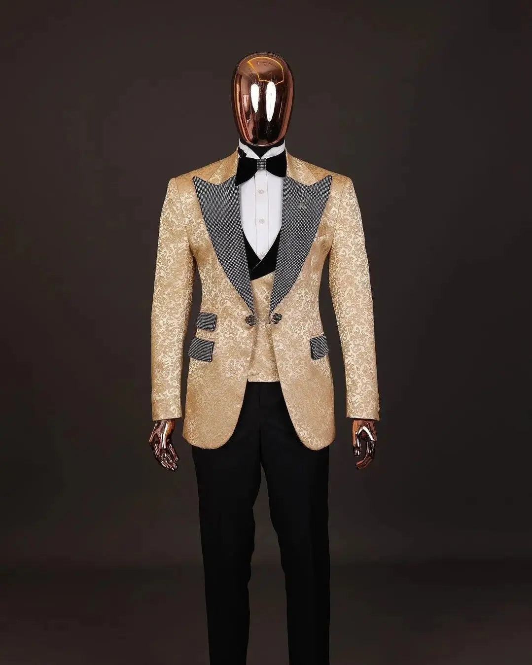 Gold Jacquard Men Suit Tailor-Made 3 Pieces Blazer Vest Black Pant Shiny Lapel One Button Business Wedding Groom Prom Customized