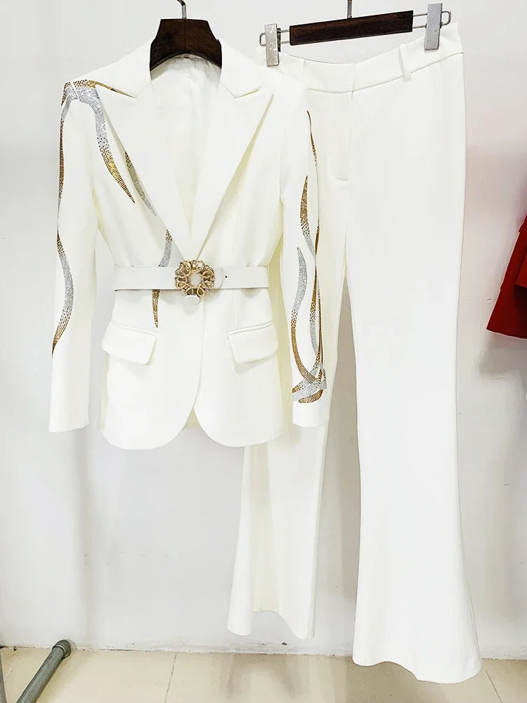 Fashion Designer Runway Suit Set Women's Colorful Diamonds Belted Blazer Flare Pants Suit 2pcs
