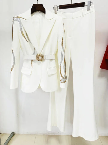 Fashion Designer Runway Suit Set Women's Colorful Diamonds Belted Blazer Flare Pants Suit 2pcs