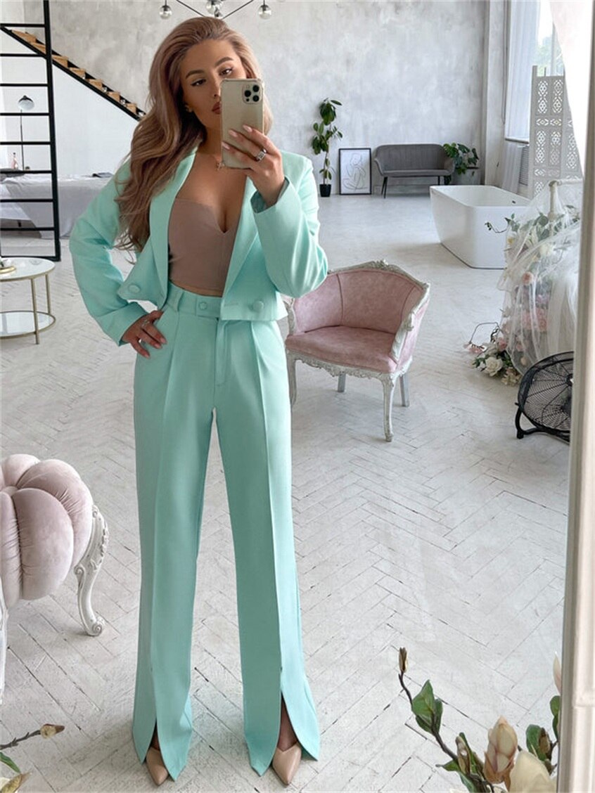 Ensemble 2 pièces pour femme, couleur bonbon, coupe slim, tenue de soirée, blazer et pantalon évasé 