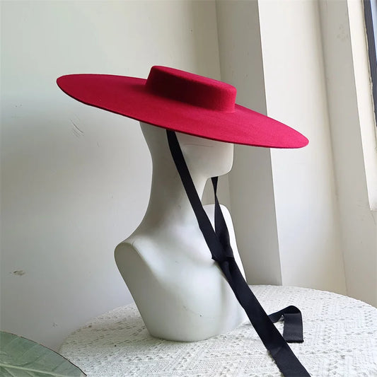 Black Wheat Wide Brim Wool Flat Top Formal Black Ladies Fedora Stage Performance Felt Hat Bandage Ladies Fashion Outdoor