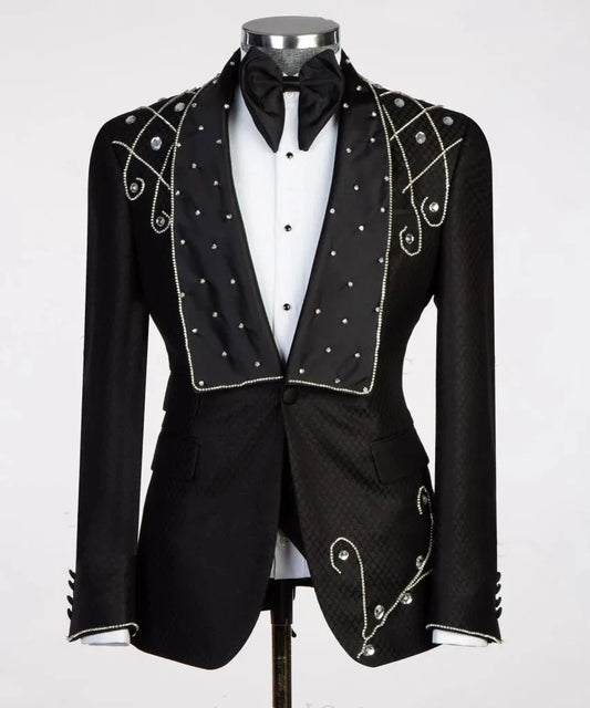 Fashion Men Suits Tailor-Made Peaked Lapel Beaded Groom Blazer 2 Pieces Set Coat Crystal Special Design Customized Jacket Pants