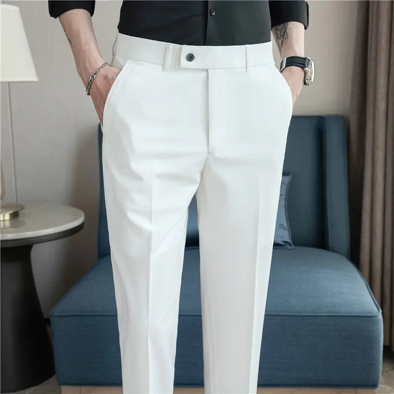 Thin White Elastic Nine Cent Suit Pants for Men,gray Blue Four-side Elastic Comfortable Drape Men's Casual Trousers
