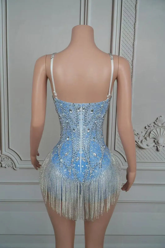 Sparkly Blue Silver Rhinestones Fringes Bodysuit Women Sexy Performance Dance Costume Nightclub Outfit Singer Dancer Stage Wear