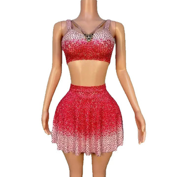Women Sparkly Rhinestones Sexy Stage Dress Mesh Sleeveless See Through Celebrate Evening Prom Birthday Photoshoot Dress Set