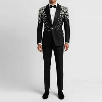 Customized Diamond Design Men Suit for Wedding 2 Pieces Sets Male Prom Blazer Sparkly Crystals Beaded Slim Trajes Para Hombre