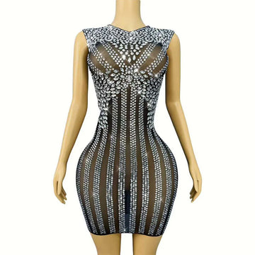 Sexy Stage Transparent Mesh Twinkling Rhinestones Trim Fit Birthday Dress Evening Cocktail Party Gown Red Carpet Show Stage Wear