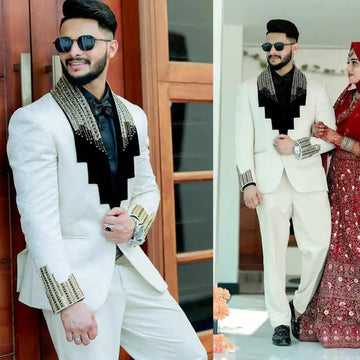 Fashion Wedding Tuxedos Beaded 2 Piece Set Jacket Pants Shawl Lapel  Men Suit Formal Trim Fit Party Suits Customized