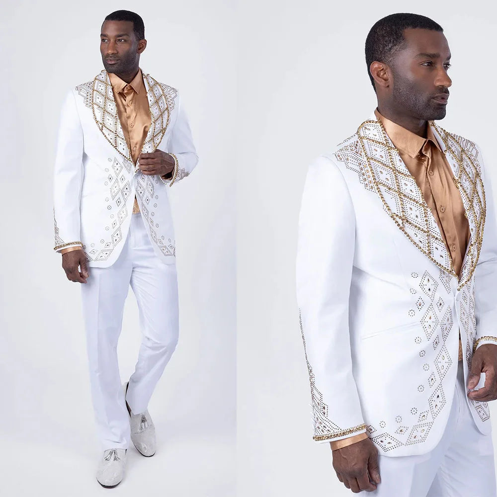 Fashion Men Suits Tailor-Made Shawl Lapel Jacket 2 Pieces Set Rhinestone Blazer One Button Groom Customized Coat Pants