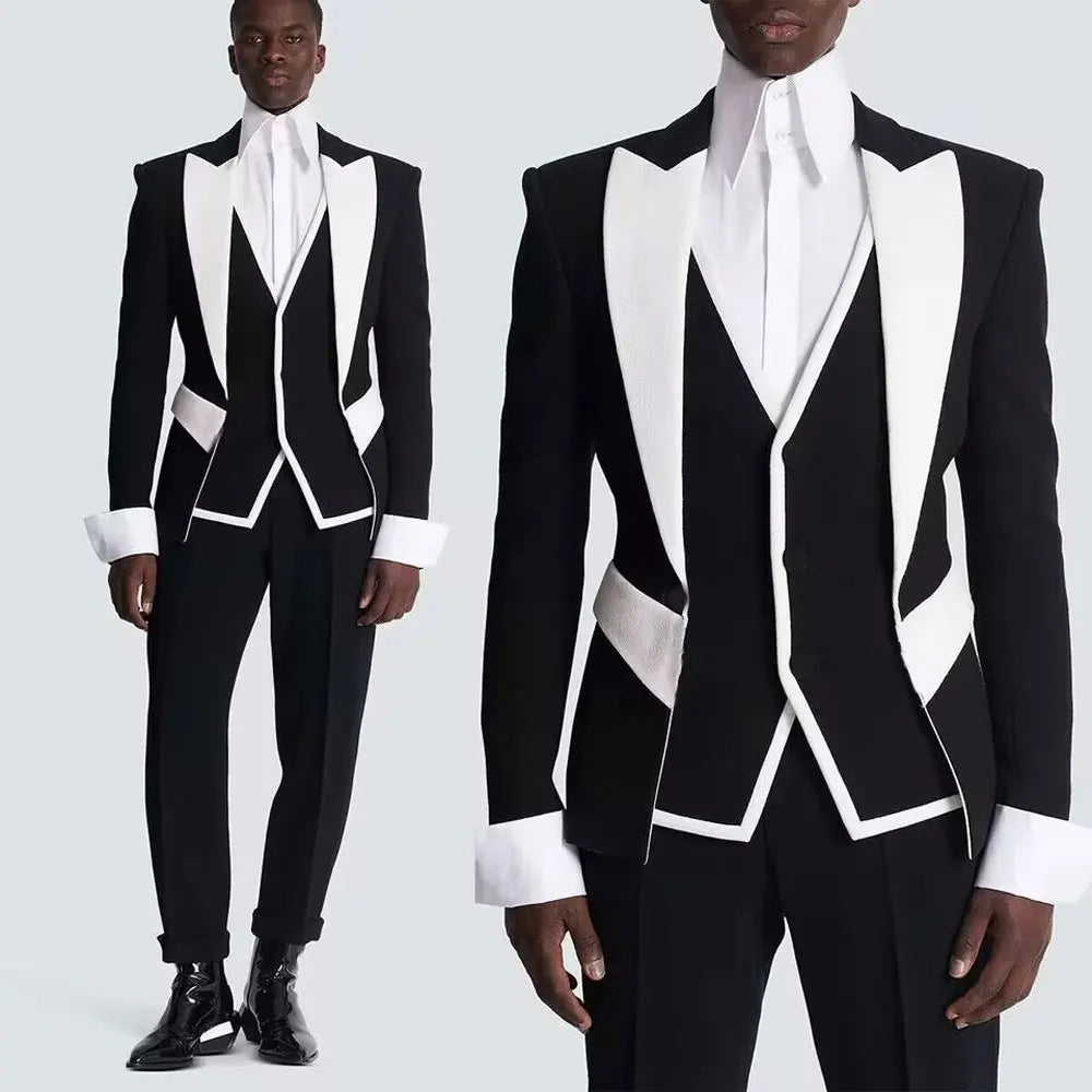 Costumes de mariage assortis noir et blanc pour hommes, costume de danse formel pour marié, blazer de soirée pour homme, coupe slim, 3 pièces