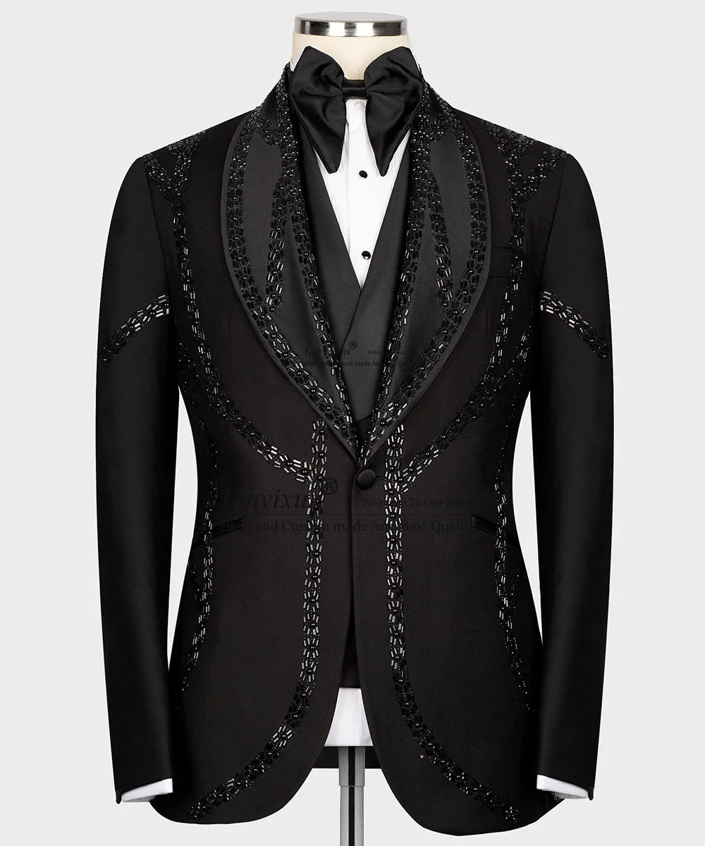 Luxury Metallic Jewelry Ornament Tuxedos Men Suits 3 Pieces Wedding Groom Dinner Party Male Prom Blazers Ternos Completo