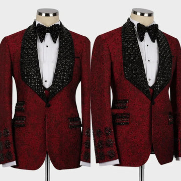 Luxury Men Suits Rhinestone Beads Shawl Lapel Tailor-Made 2 Pieces Set Jacquard One Button Groom Blazer Customized Jacket Pants