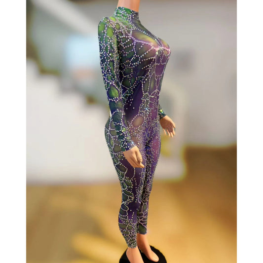 Women Glitter Rhinestones Spandex Skinny Jumpsuit High Street Performance Dance Costume Nightclub Stage Wear Luxury Rompers