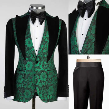 Unique Men Suits Peaked Lapel Gorgeous Blazer Jacquard Lace 2 Pieces Set Tuxedo Coat One Button Customized Jacket Black Pants