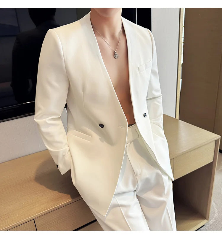 Stylish Men's Suit Coat Collarless V-Neck Solid Wear Style Slim Fit Blazer Jacket Male Black White Blue