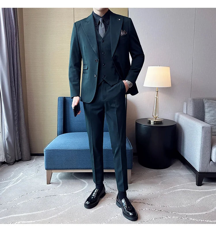(Chaqueta + chaleco + pantalones) Trajes elegantes de 3 piezas, de marca, corte entallado, de un solo botón, para fiesta, formal, de negocios, para boda, esmoquin.
