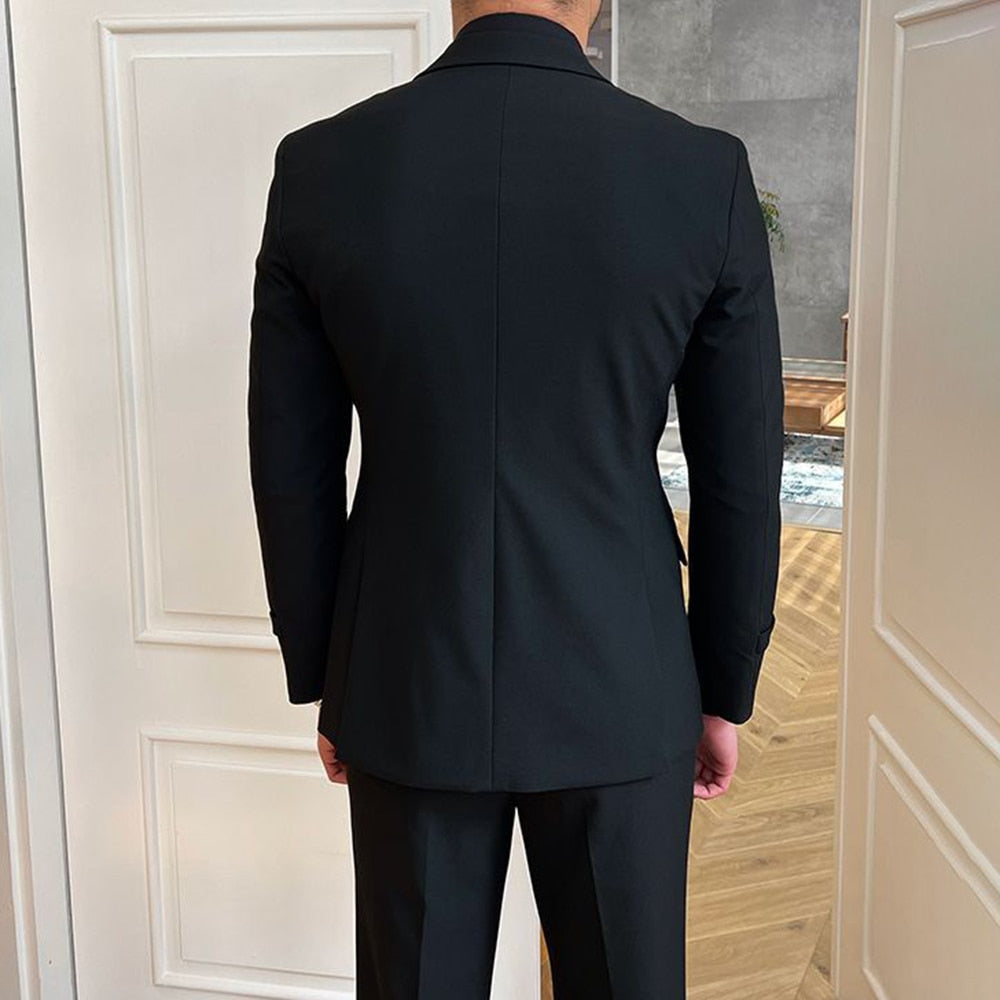 Veste de costume noire de style britannique pour homme, tenue professionnelle décontractée, tenue formelle, ceinture croisée 
