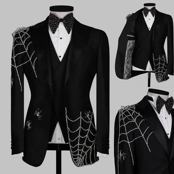 Classic Men Suits Tailor-Made 2 Pieces Set Peaked Lapel Jacket Rhinestone Blazer One Button Groom Customized Coat Vest Pants