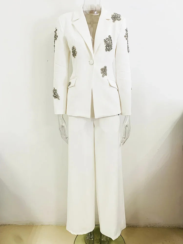 Designer Suit Women Beaded Diamonds Single Button Suit Blazer Wide-leg Pants Set 2PCS