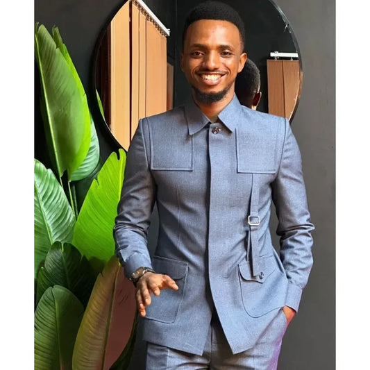 Gray Men Suits Stand Collar 2 Pockets African Safari Style Wedding Man Clothing Custom Made Blazer Trousers 2 Pcs Jacket Pants