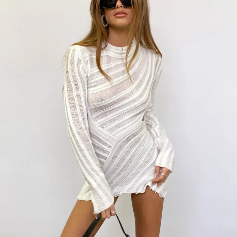 Women Crochet Hollow Out Mini Dress Y2K Long Sleeve See Through Short Bodycon Dress Sexy Slim Fit Dress Party Clubwear