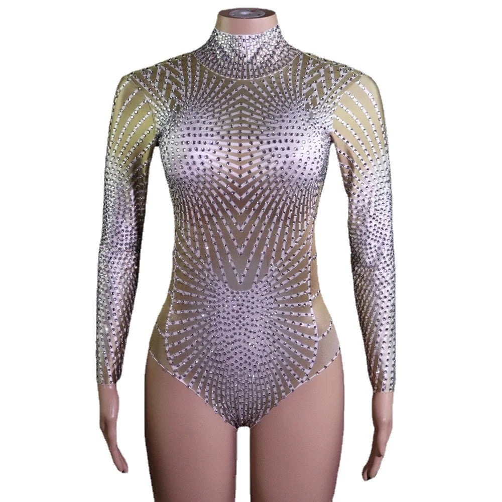 Sparkly Full Rhinestones Long Sleeve Leotard Nightclub Singer Dancer Stage Wear Performance Dance Costume Party Bodysuit