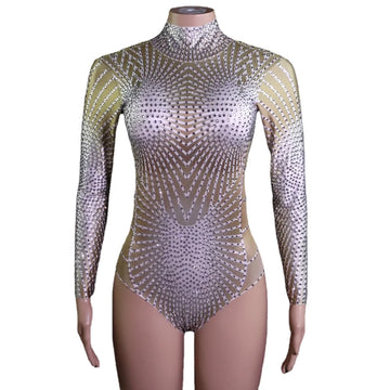 Sparkly Full Rhinestones Long Sleeve Leotard Nightclub Singer Dancer Stage Wear Performance Dance Costume Party Bodysuit