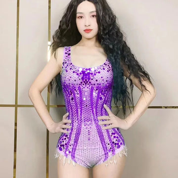 Women Sexy Stage Purple Rhinestones Sequins Leotard Evening Birthday Celebrate Bodysuit Costume Performance Photo Shoot Outfit