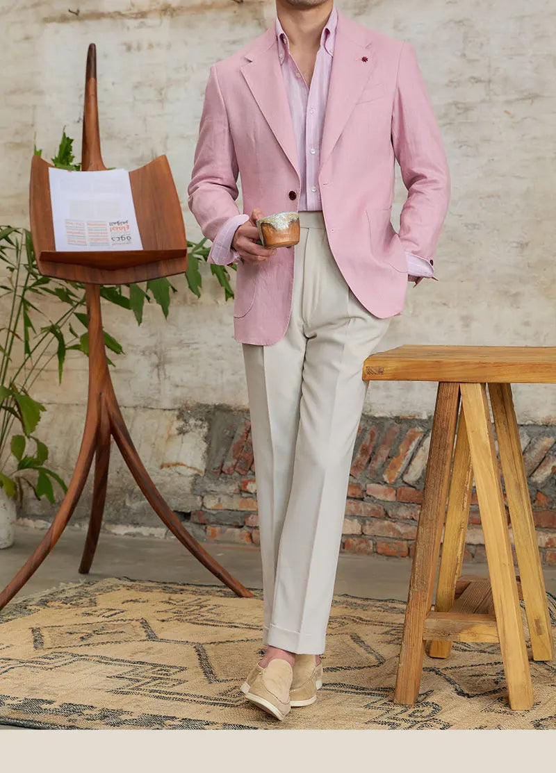 100% Linen Italian Stylish Blazer Men Casual Breathable Half Lining Vintage Suit Jacket Pink White