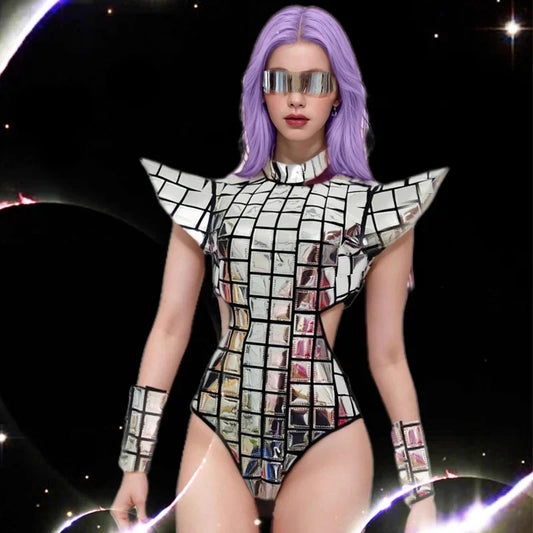 Body argenté à épaules dénudées et découpes laser pour femme, tenue de scène sexy, justaucorps pour danseuse, boîte de nuit, costume de drag queen