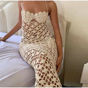 Sexy Crochet Hollow Out Beach Dress Women Slim Halter Sleeveless Backless Lace Up Dresses Summer Holiday Lady Robes