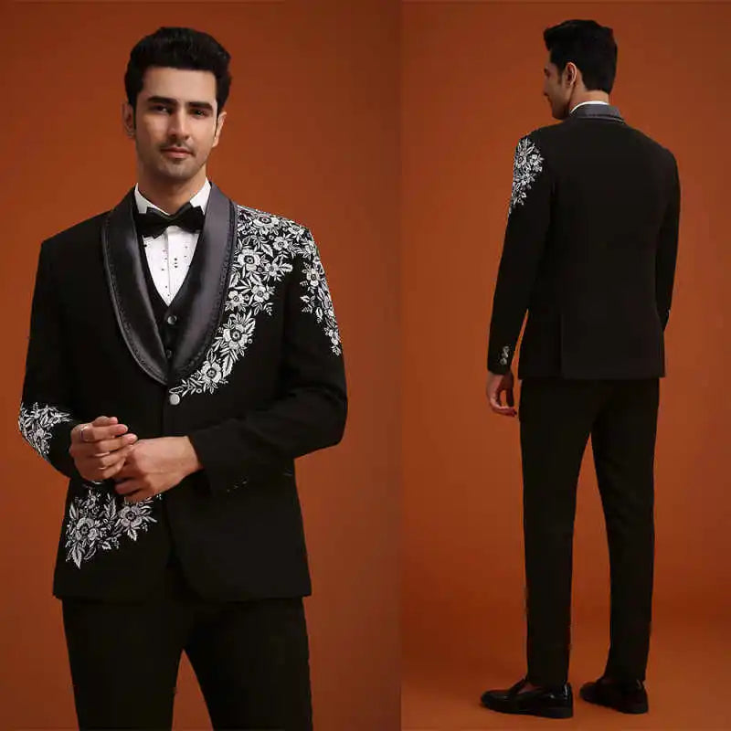 Elegant Men's Suits 2 Piece Blazer One Button Wide Satin Lapel  Appliques Wedding Formal Custom Made Plus Size Ropa Hombre