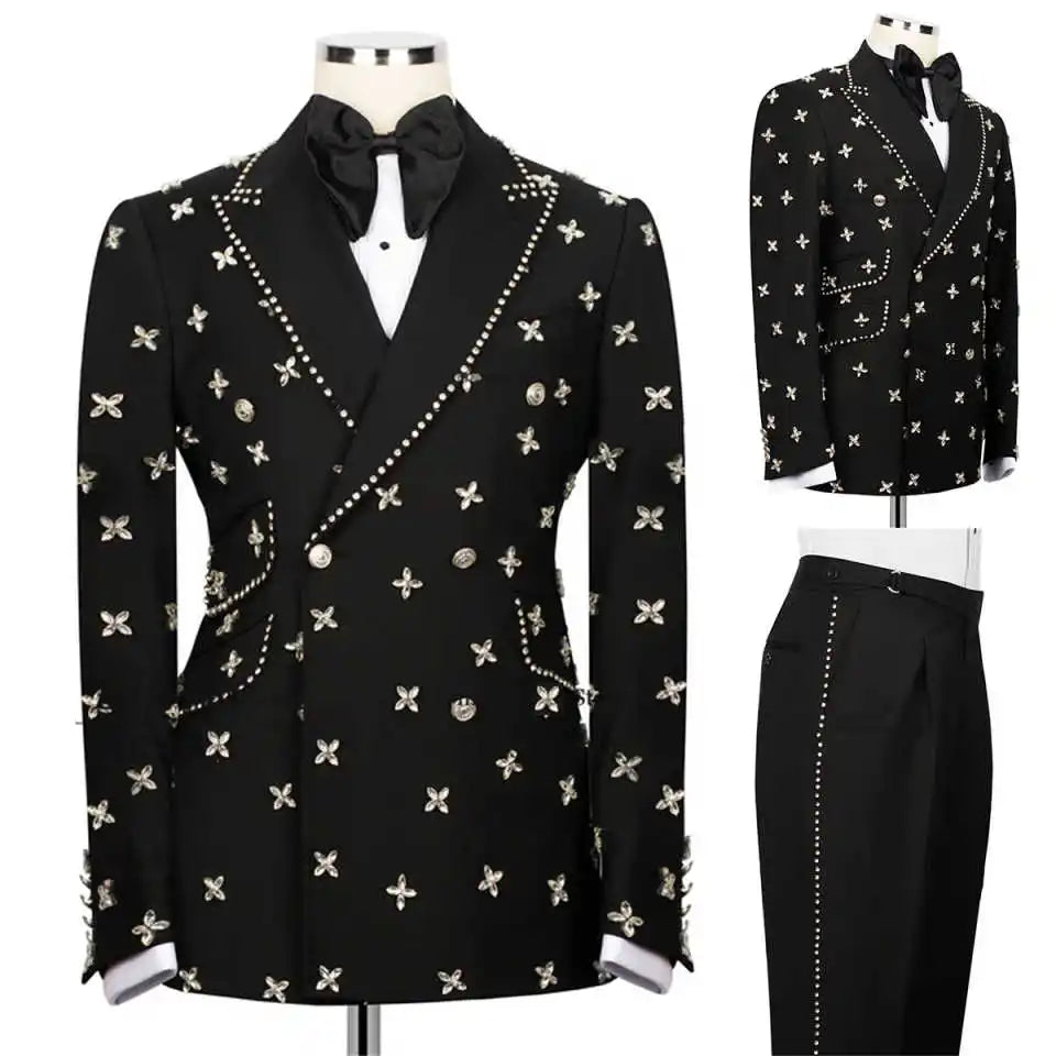 Mens Suit 2 Piece Jacket Pants Handmade Beads Customized Slim Fit Groom Tuxedo Wedding Formal Occasions Tailored Party Wear