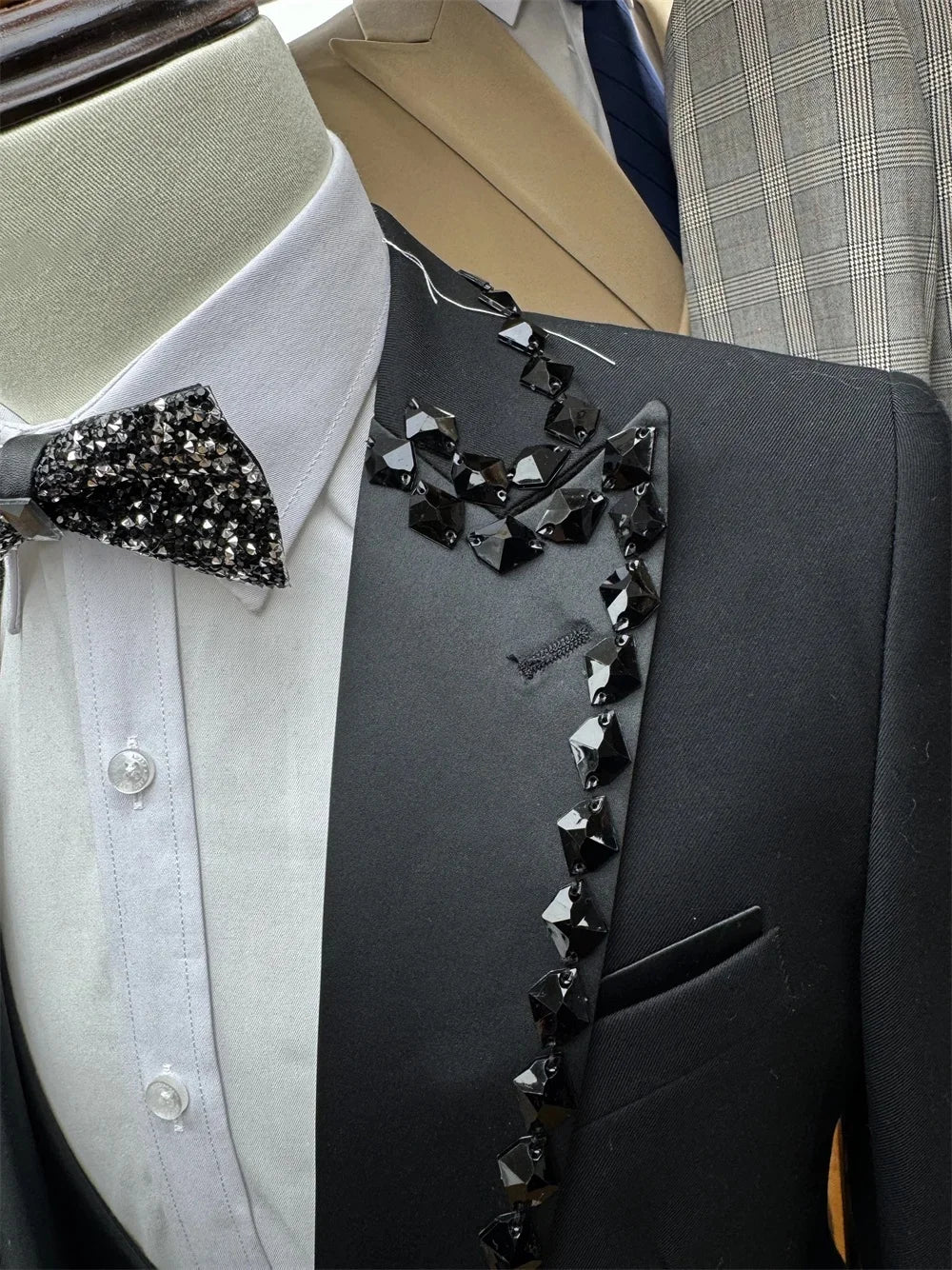 Elegant Crystal Men Suits Wedding Tailor-Made 2 Pieces Set Peaked Lapel Jacquard Jacket Blazer One-Button Customized Coat Pants
