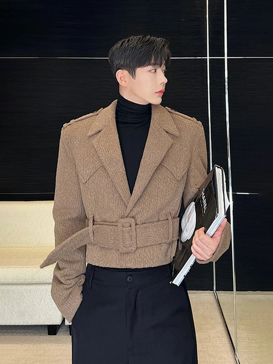 Autumn Winter Short Camel Thick Warm Soft Wool & Blends Jacket Men Belt Luxury Designer Clothes Fashion