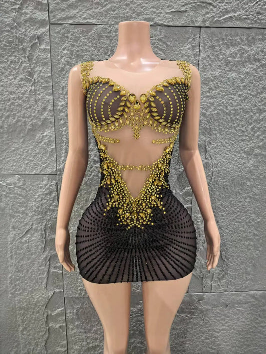Robe moulante transparente sans manches en maille transparente pour femme, tenue de soirée, de bar, de chanteur, avec strass brillants
