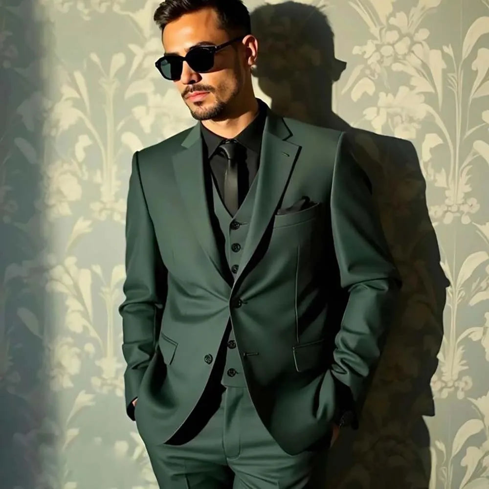 Trajes de hombre verdes de moda, blazer elegante, trajes de padrino de boda, personalizados, de un solo pecho, chaqueta de 3 piezas, pantalones, chaleco, disfraz