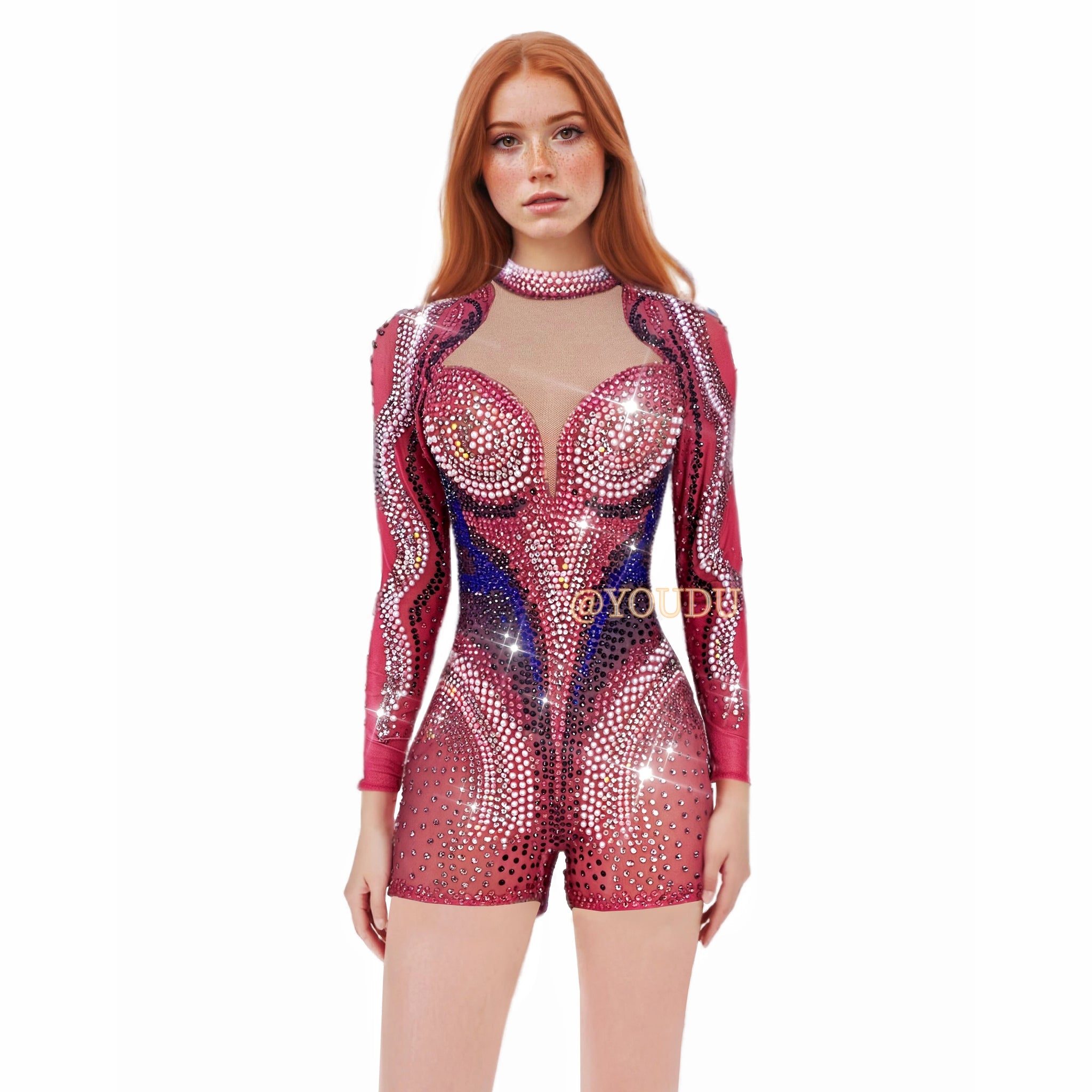 Shining Full Rhinestones Special Stage Performance Leotard Dance Team Party Celebrate Show Wear Transparent Costume