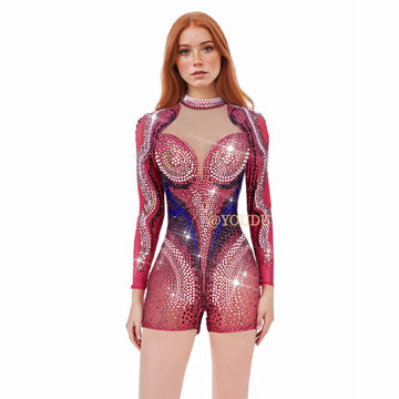 Shining Full Rhinestones Special Stage Performance Leotard Dance Team Party Celebrate Show Wear Transparent Costume