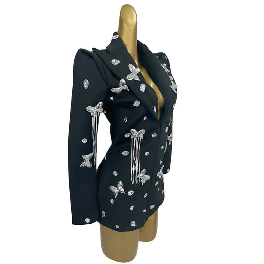 Fashion Butterfly Crystal Dress Sparkle Black Club Party Birthday Performance Drag Queen Costume Stage Festival Outfit