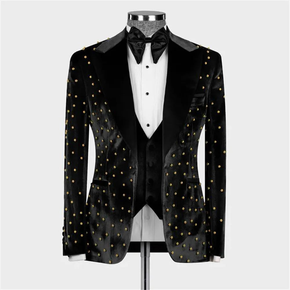 Man Velvet Suits With Handmade Gold Pearls Groom Wedding Tuxedos Custom Made Black Peaked Lapel 3 Pieces Formal Prom Blazer Sets