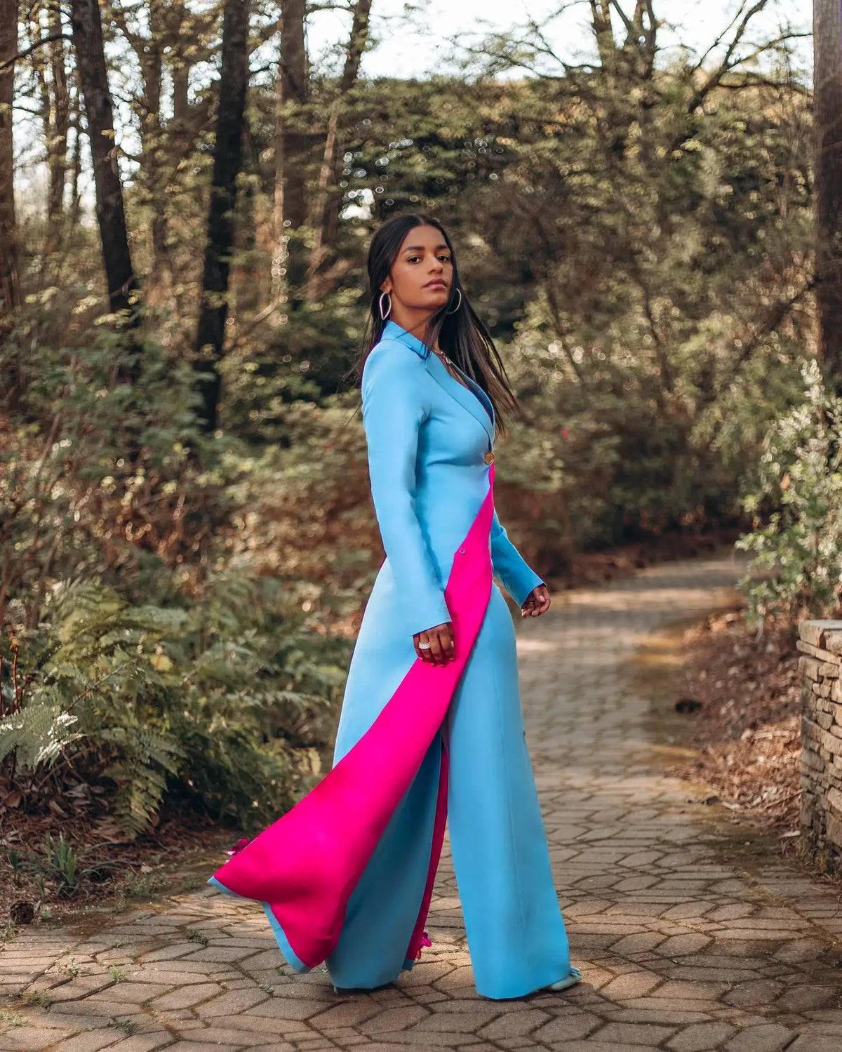 Trajes de pantalón azul cielo para mujer, corte entallado, flores 3D, ropa de calle femenina para oficina, conjuntos de dos piezas de chaqueta larga 